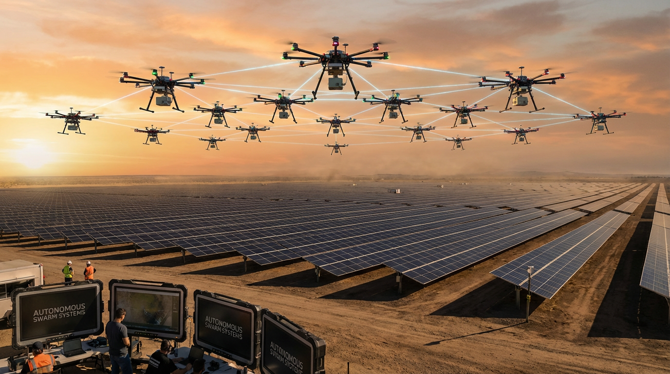 Enjambre autónomo de drones inspeccionando instalación solar