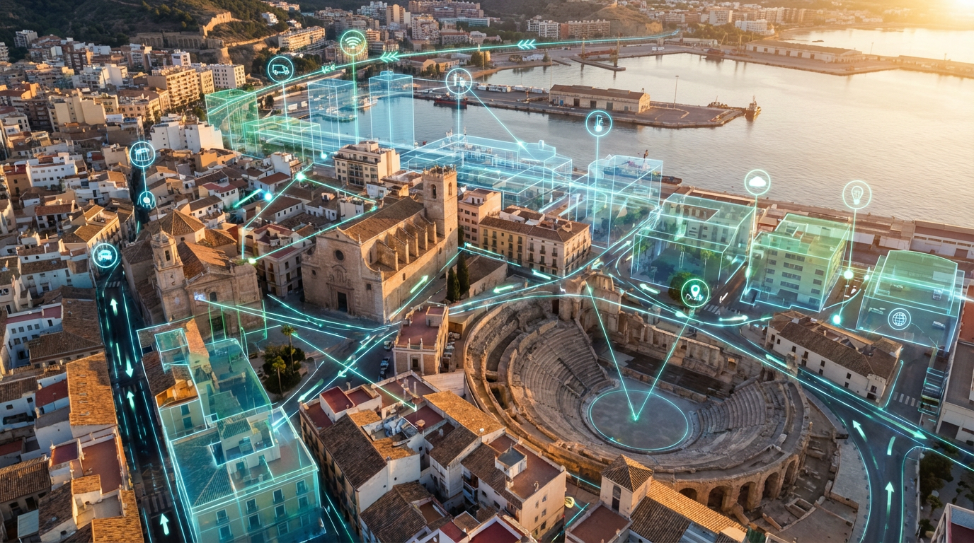 Vista aérea de Cartagena con overlay de gemelo digital urbano