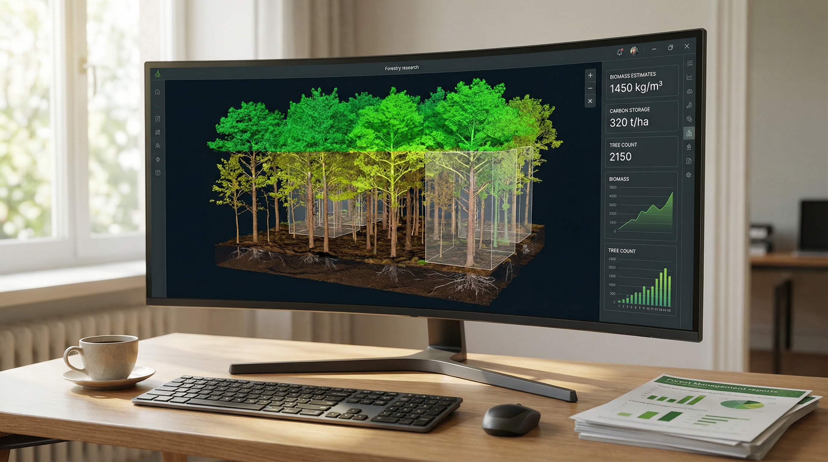Gemelo digital 3D de bosque con métricas de biomasa