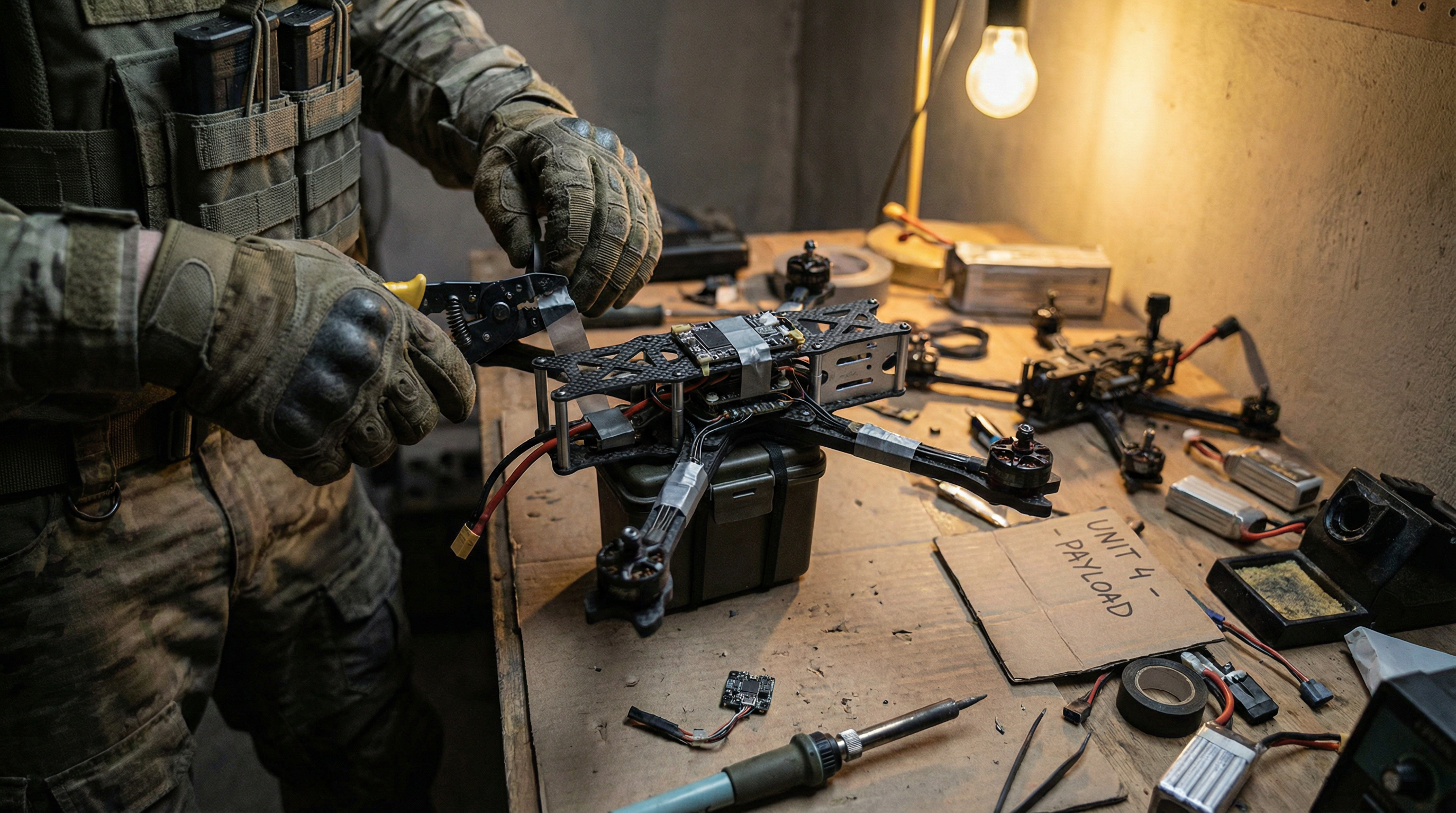 Ensamblaje de dron FPV en taller improvisado